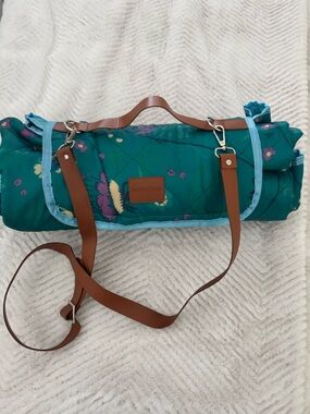 Teal Floral Roll-Up Bag with Brown Straps